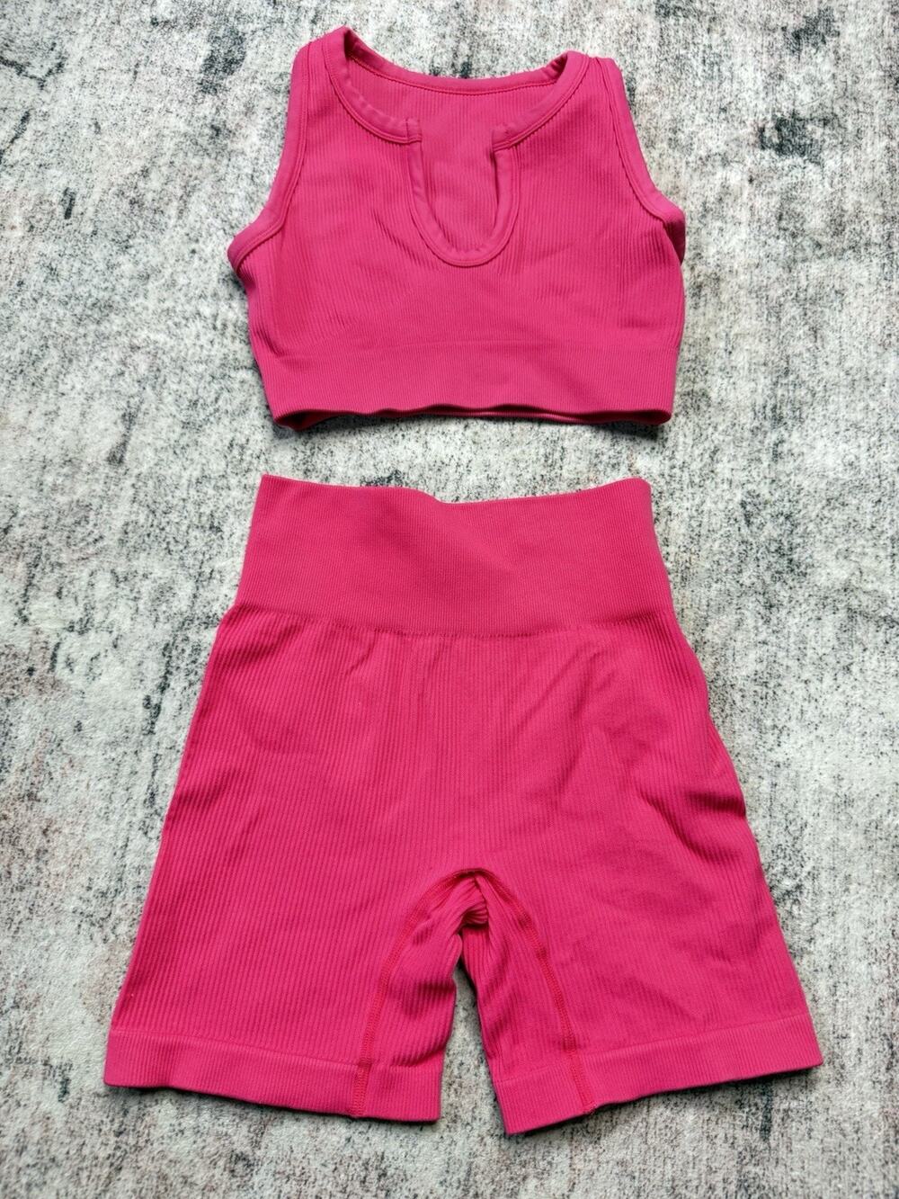 Seamless Sports Bra & High Waist Yoga Shorts Ribbed Sexy XS/S